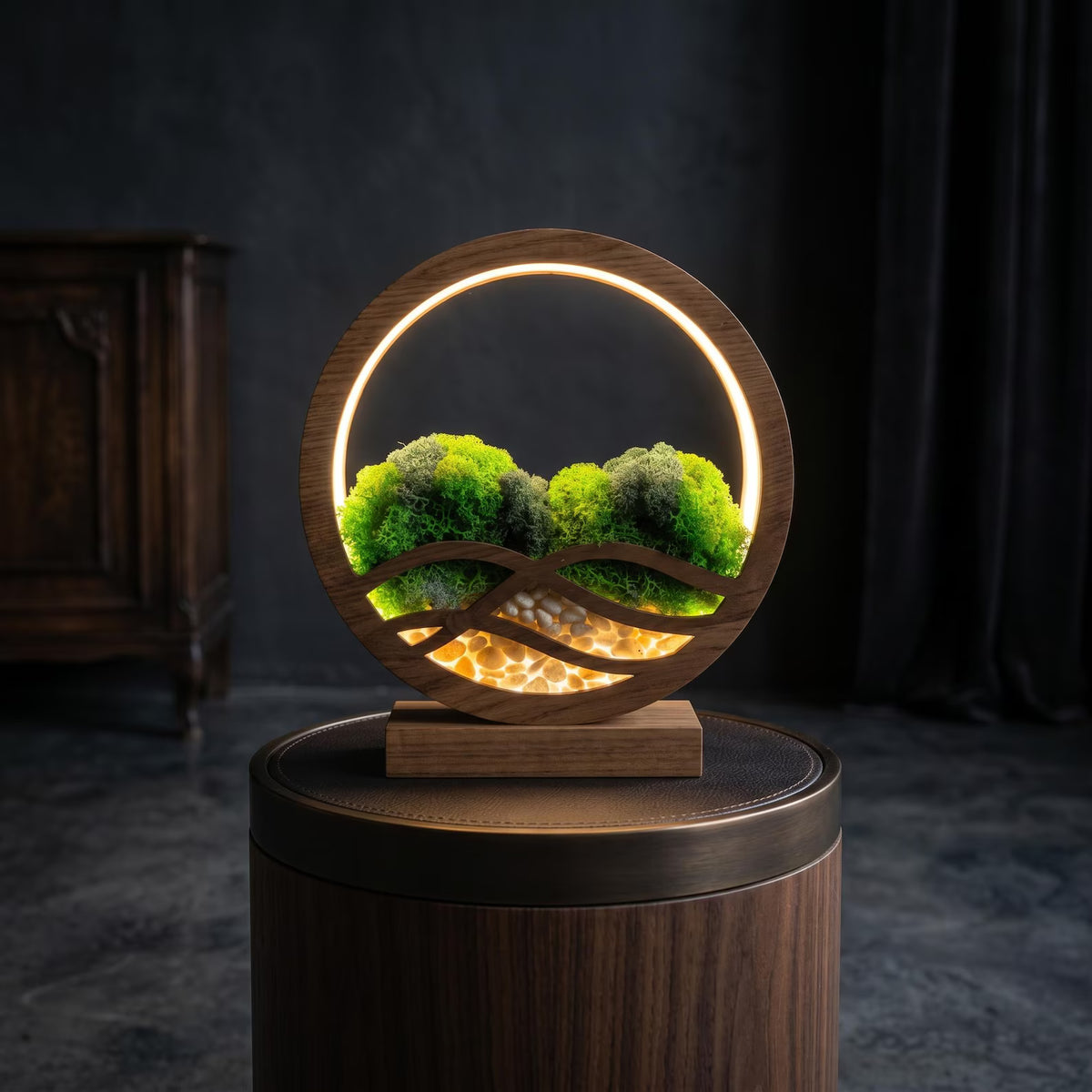 Wave Biophilic Design Moss Lamp | Japandi Style Wooden Night Light