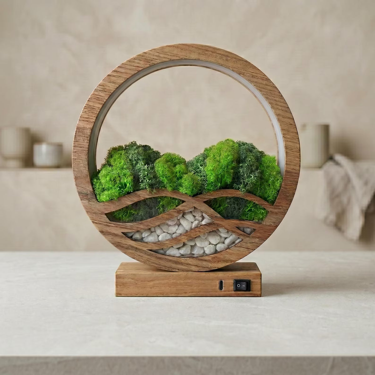 Wave Biophilic Design Moss Lamp | Japandi Style Wooden Night Light